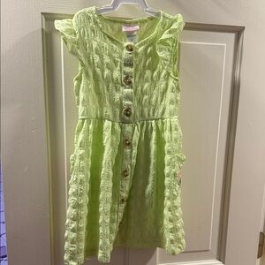 Little Lass Light Lime Green Ruffled Button-Front Casual Dress with pockets